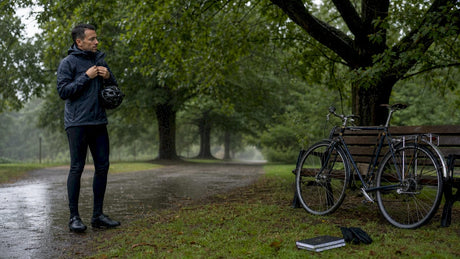 Avant de partir, le cycliste ajuste sa veste imperméable pour se préparer à la pluie.