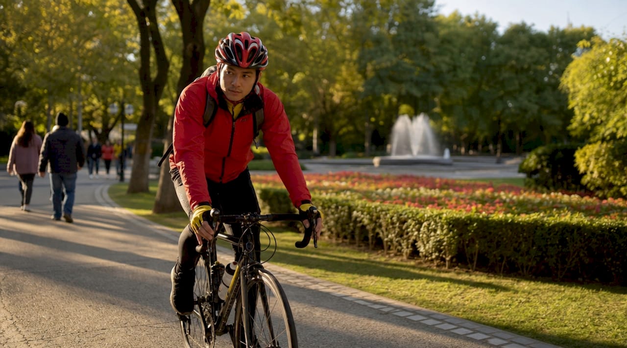 Urban cyclist riding safely wearing bright vest and helmet.