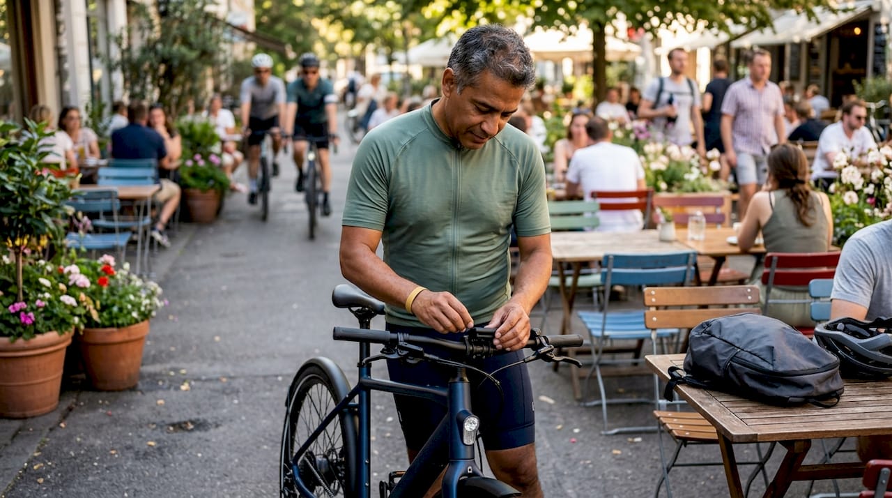 Cyclist adjusting smart sensor on bike handlebars
