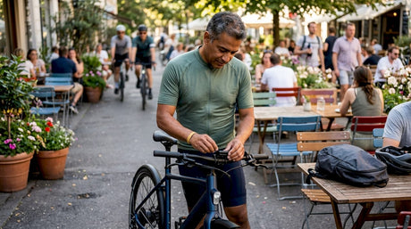 Cyclist adjusting smart sensor on bike handlebars