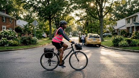 Cyclist rides near ride-share car in city morning