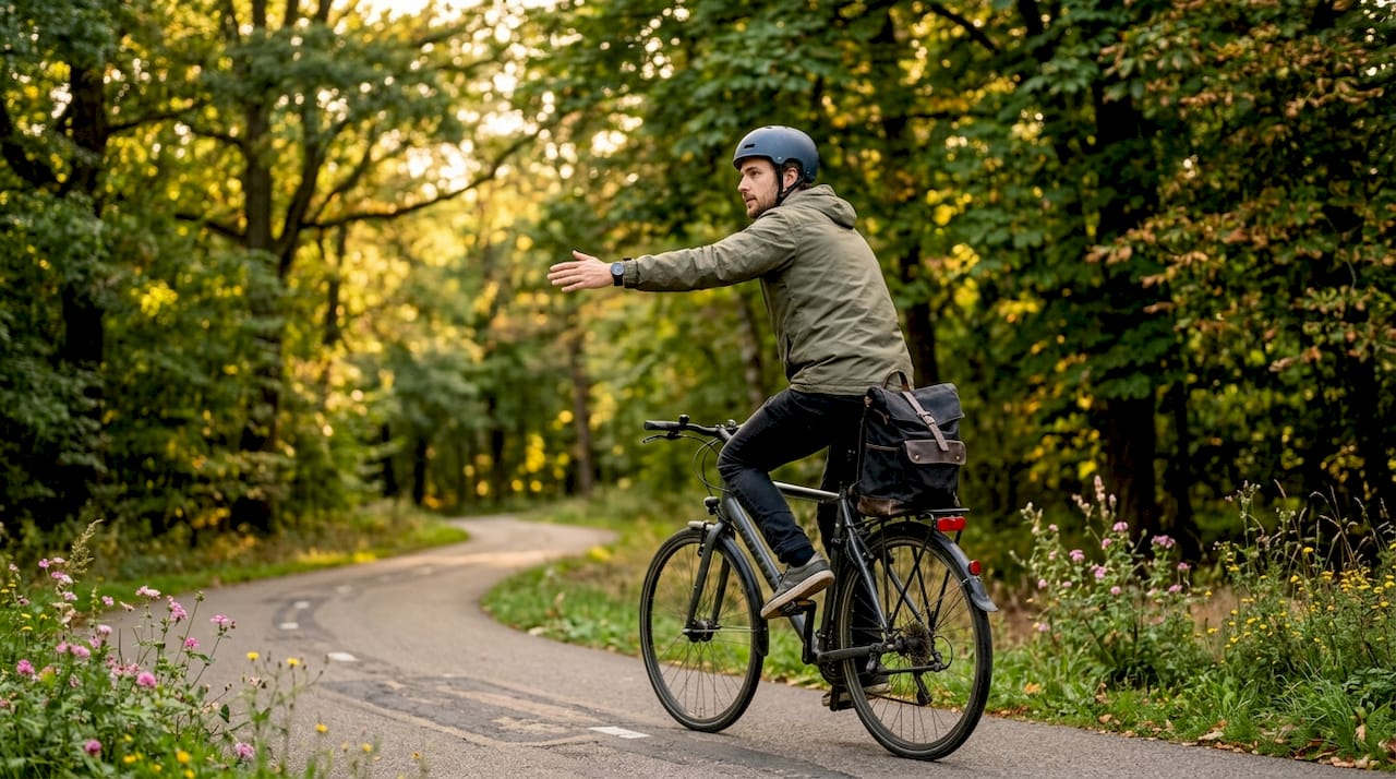 Un cycliste lève le bras pour prévenir les autres usagers d’un danger sur la chaussée.