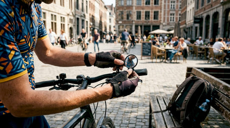 Cyclist adjusting bicycle mirror outdoors