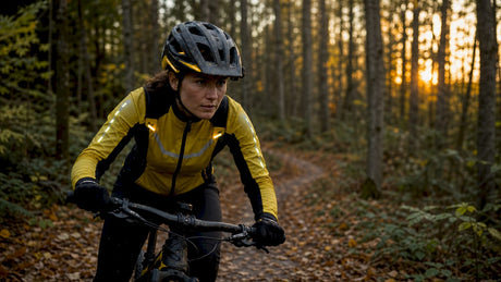 Female cyclist wearing smart helmet and gear riding outdoors