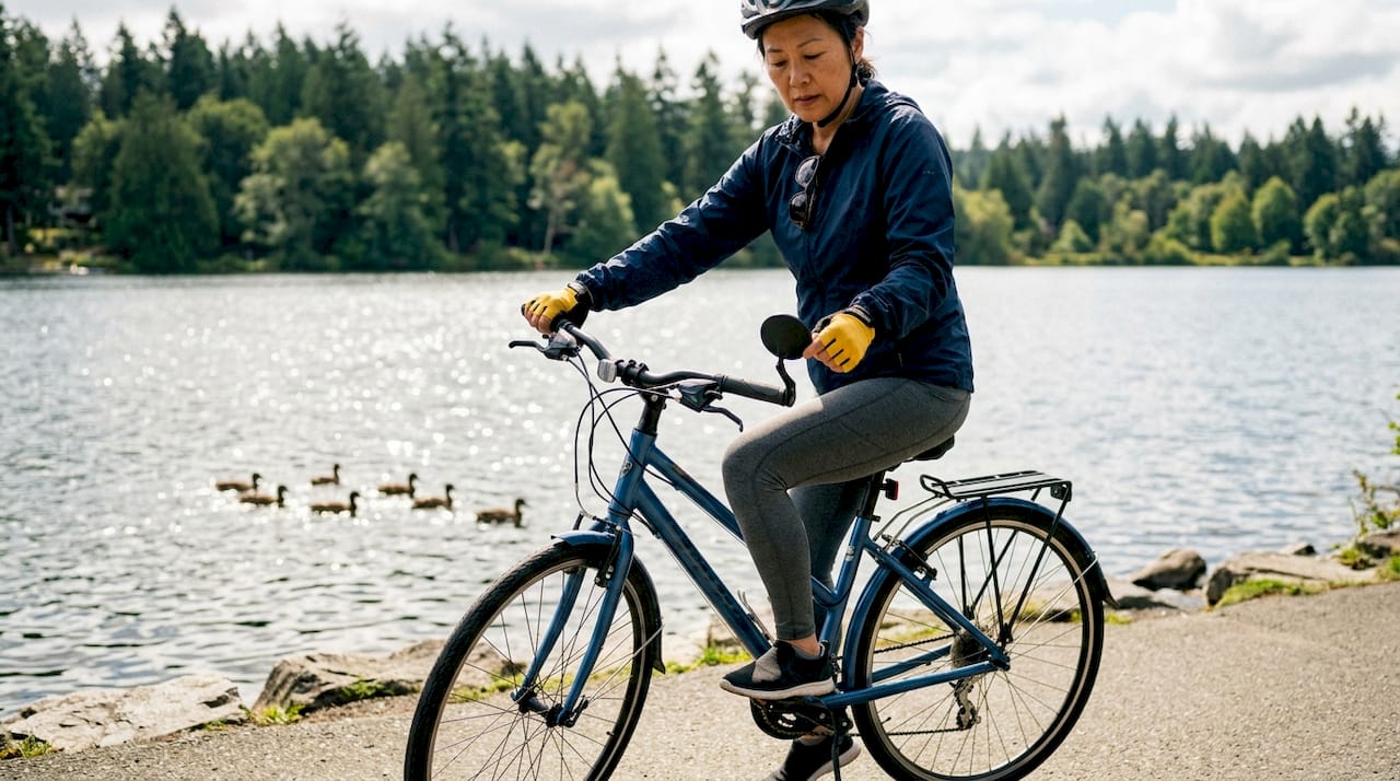 Cyclist sitting on bike adjusting right mirror outdoors