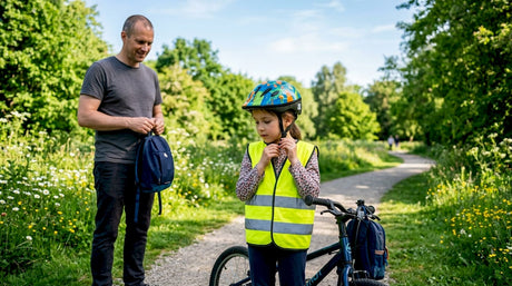 Un enfant enfile son casque avant de partir à vélo pour l’école.