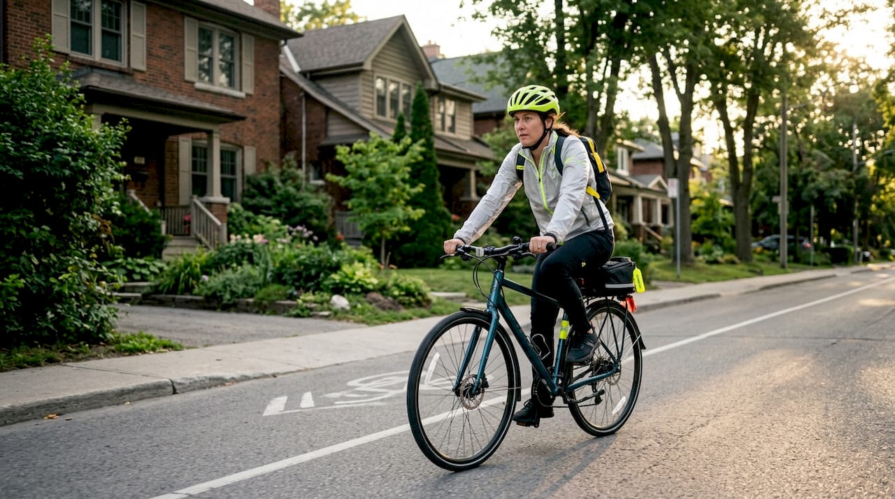 Commuter cyclist riding on city street with safety gear