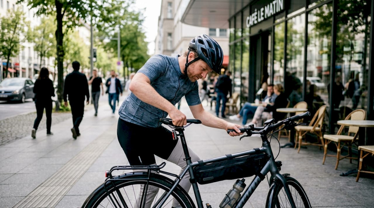 Un cycliste ajuste la hauteur de sa selle devant une terrasse de café, prêt à reprendre la route en ville.