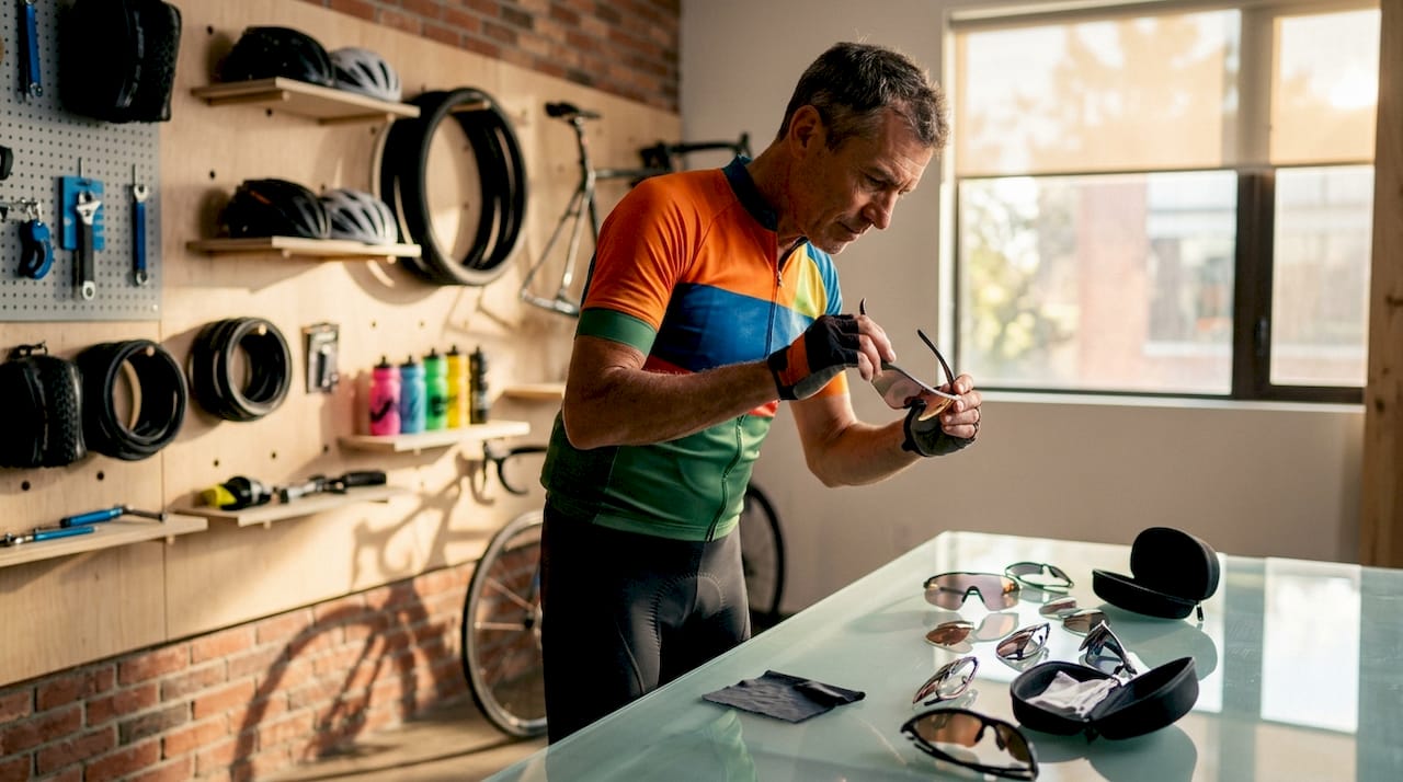 Un cycliste examine attentivement des lunettes photochromiques dans un atelier spécialisé.