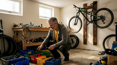 Man organizing cycling gear in garage workshop