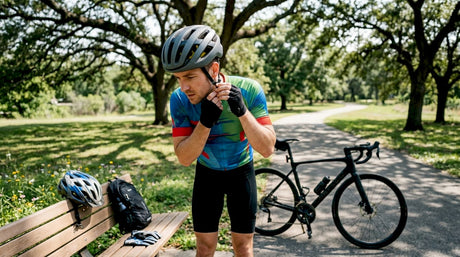 Male cyclist adjusting helmet outdoors