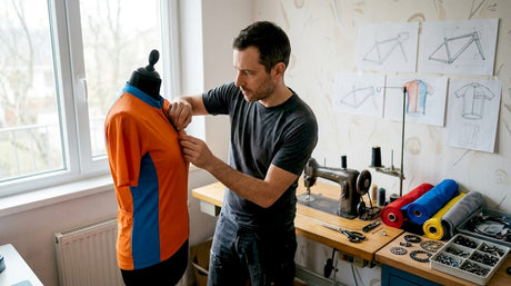 Un cycliste ajuste sa tenue technique avant de prendre la route, au cœur de l’atelier vélo.