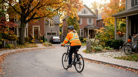 Cyclist wearing fluorescent reflective jacket outdoors