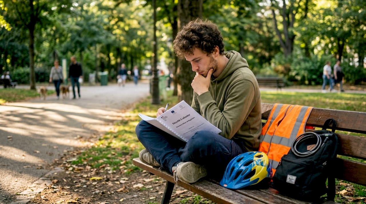 Un homme feuillette une brochure sur la sécurité des trottinettes électriques en plein air.