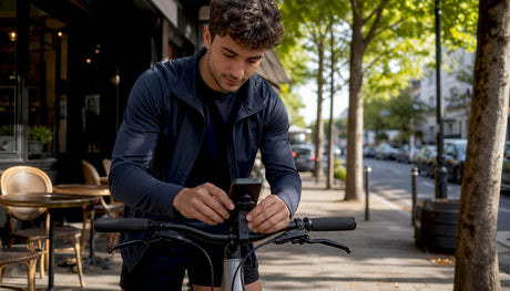 Un cycliste règle le support magnétique de son téléphone fixé sur le guidon de son vélo.