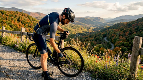 Cyclist installing connected cycling gear outdoors