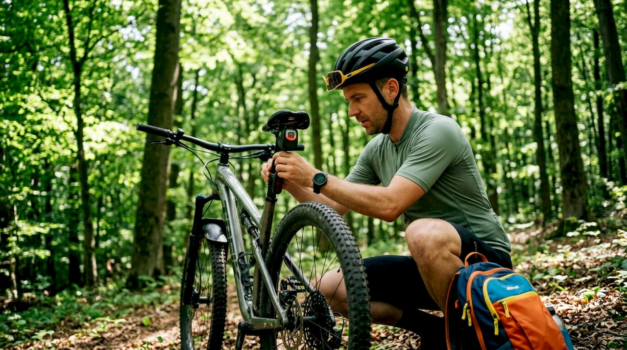 Cyclist adjusting connected bike accessories outdoors