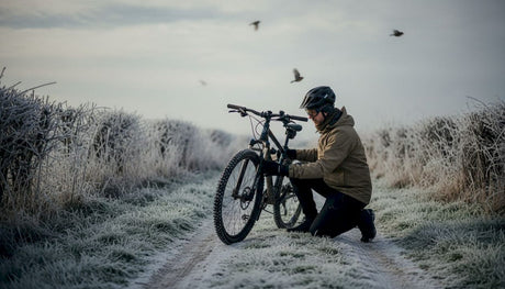 Un cycliste s’apprête à prendre la route en hiver, ajustant son vélo sur un sentier recouvert de neige.