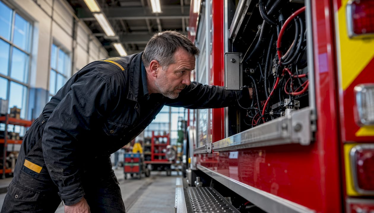 Technician inspecting emergency vehicle interior