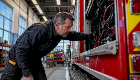 Technician inspecting emergency vehicle interior