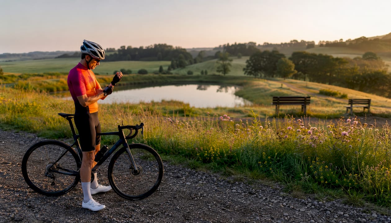 Un cycliste ajuste ses gants connectés avant de prendre la route sur son vélo dernière génération.