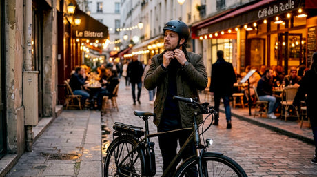 Un homme ajuste son casque connecté avant de partir à vélo en ville.