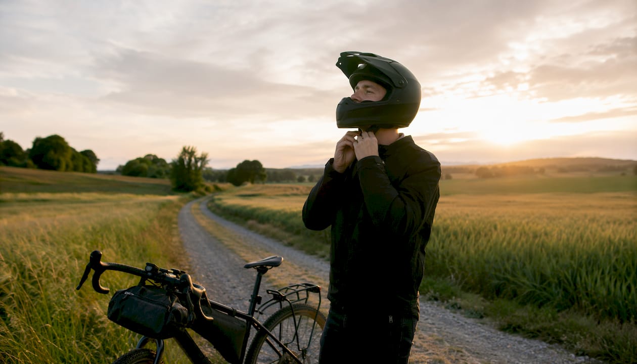 Un cycliste circulant en ville avec un casque intégral