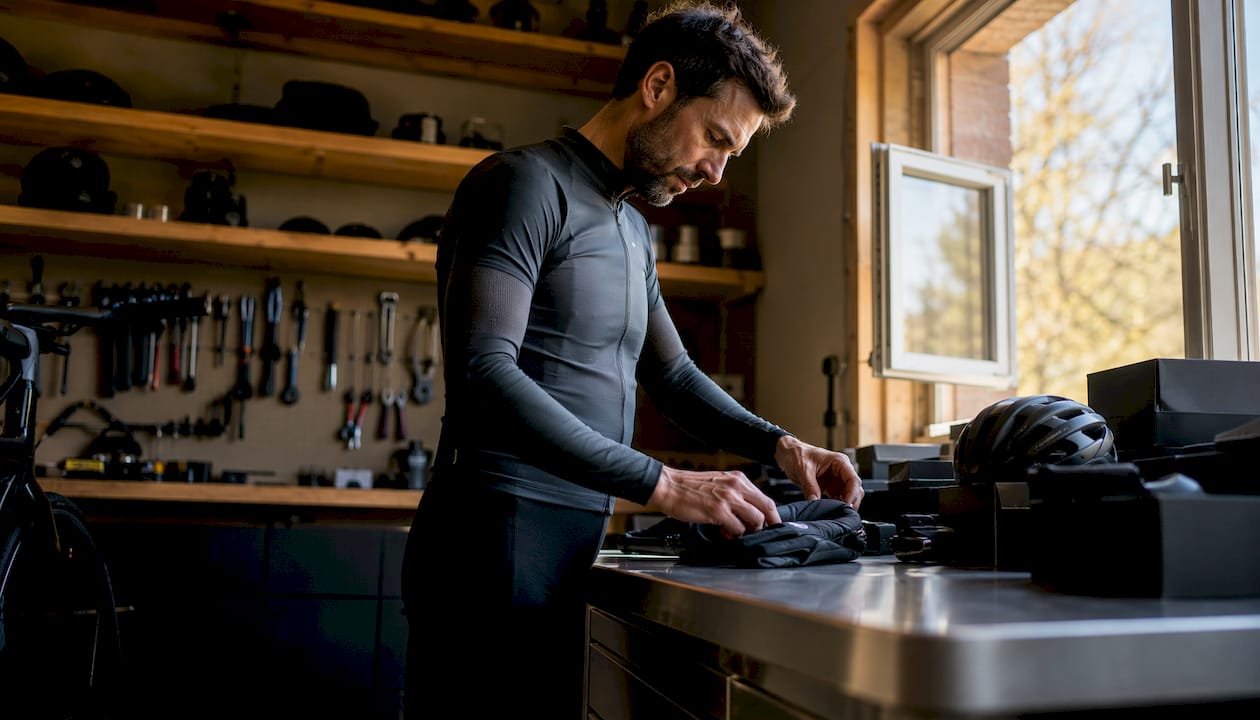 Un passionné de vélo range soigneusement son matériel haut de gamme dans son atelier.