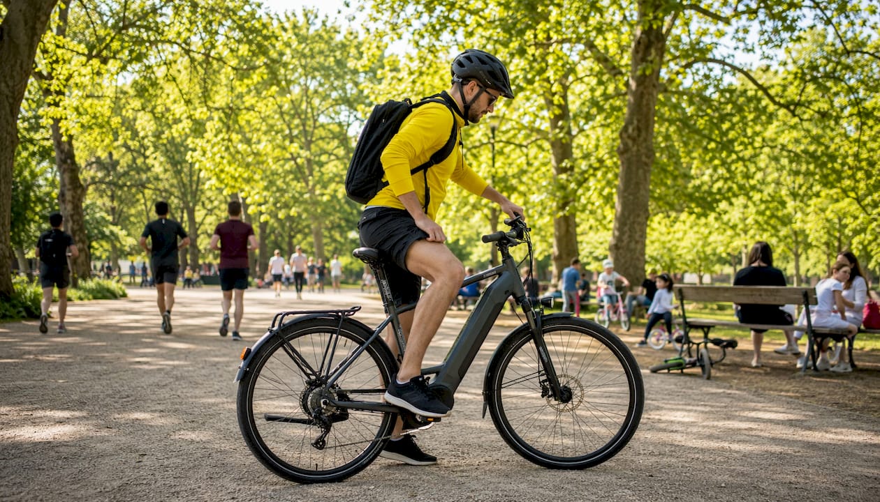 Un citadin enfourche son vélo pour rejoindre son bureau, prêt à entamer sa journée.