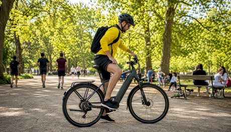 Un citadin enfourche son vélo pour rejoindre son bureau, prêt à entamer sa journée.
