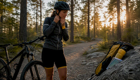 Cyclist adjusting helmet before ride outdoors
