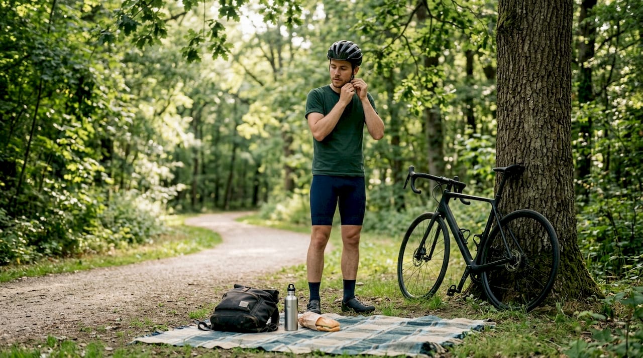 Un cycliste français en train de régler son casque avant de prendre la route
