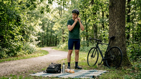 Un cycliste français en train de régler son casque avant de prendre la route