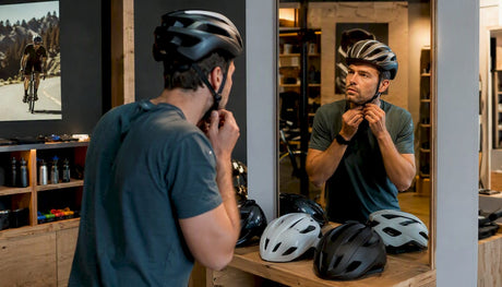 Un passionné de vélo essaie des casques haut de gamme dans une boutique spécialisée, à la recherche du modèle idéal pour ses prochaines sorties.