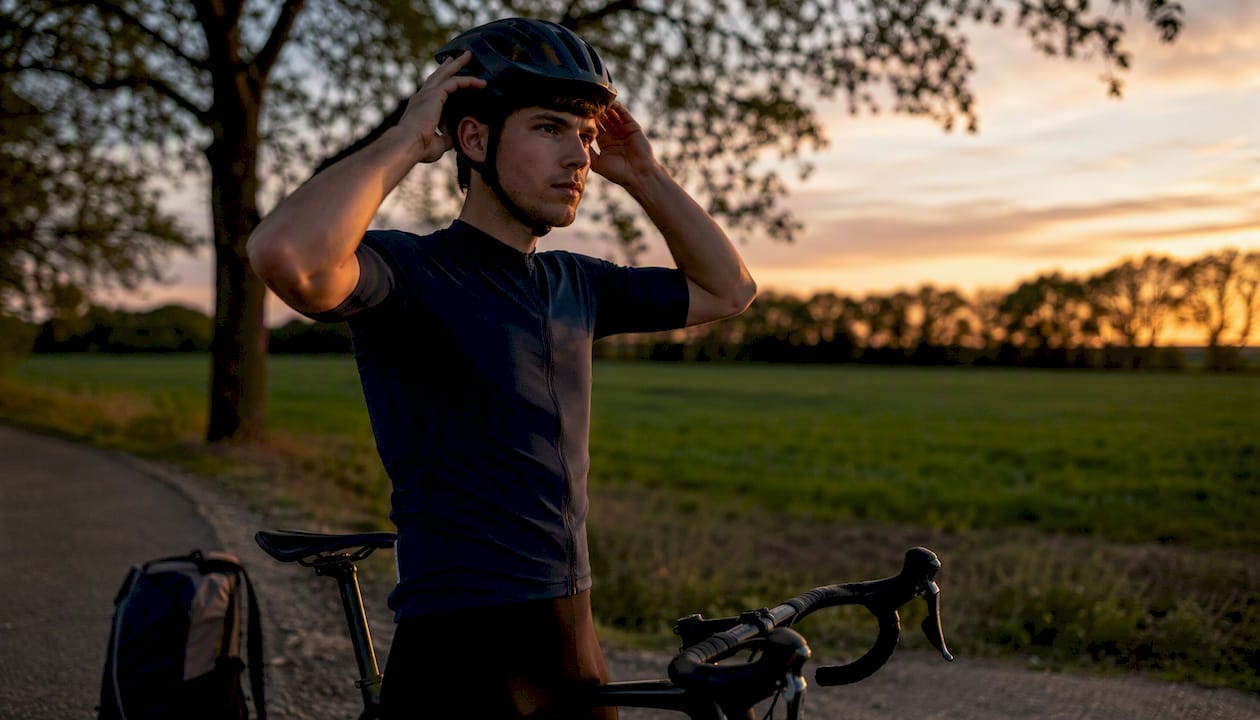 Un cycliste prend quelques instants sur un banc en ville pour régler son casque MIPS.