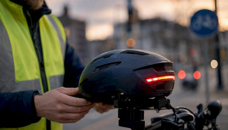 Zoom sur un casque de vélo intelligent équipé de feux intégrés