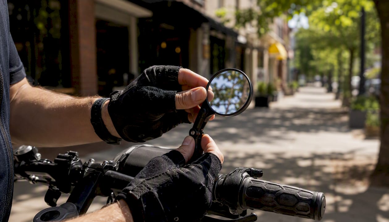 Cyclist adjusting rear-view mirror on handlebars