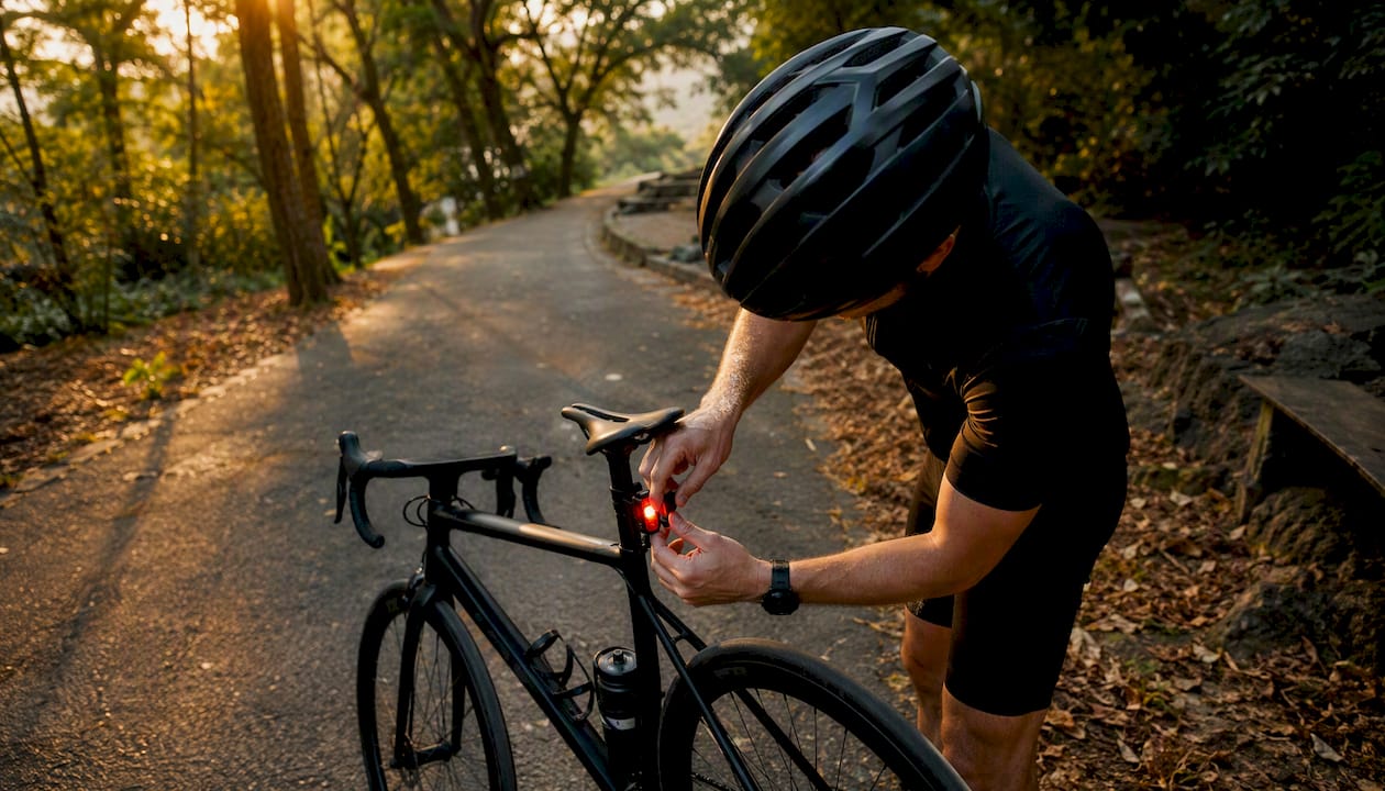Cyclist adjusting smart rear bike light on bike