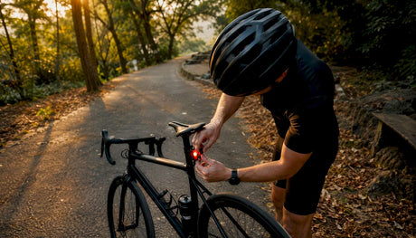Cyclist adjusting smart rear bike light on bike