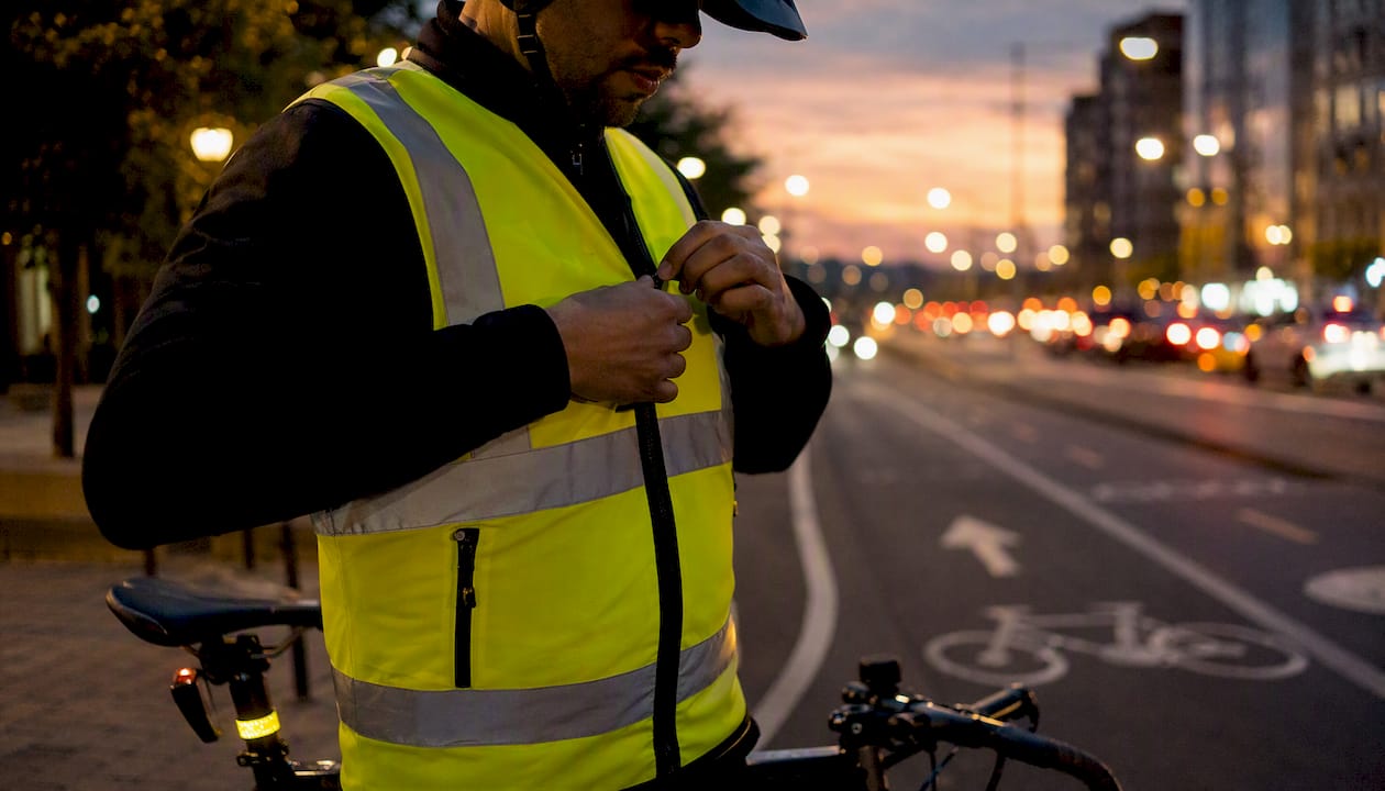 Cyclist adjusting reflective vest at dusk