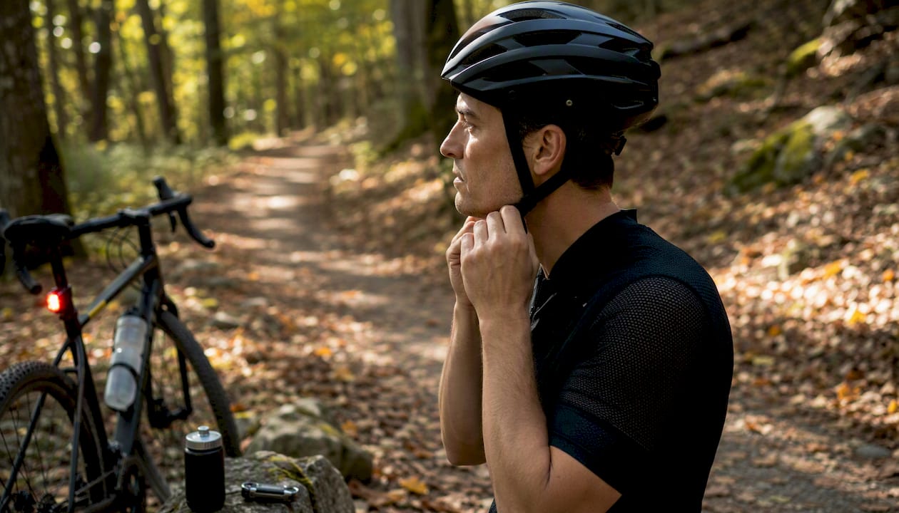 Solo cyclist adjusting helmet strap outdoors