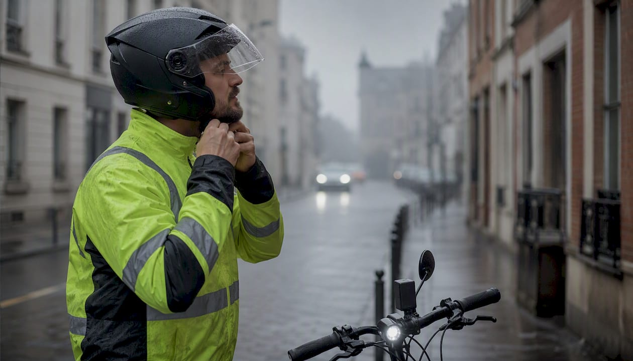 Un cycliste ajuste son casque et enfile ses équipements de sécurité avant de prendre la route.