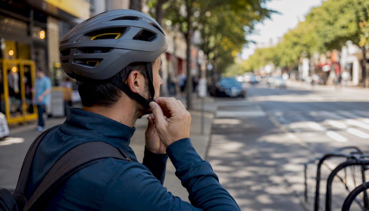 Urban cyclist adjusting helmet strap before ride