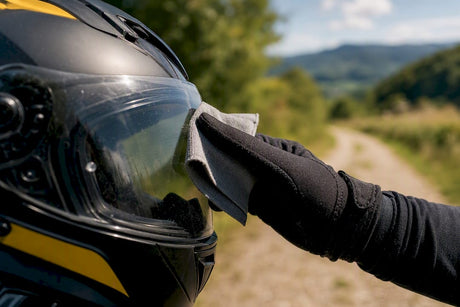 Hand wiping clear helmet visor outdoors