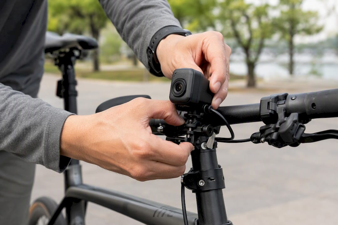 Hands mounting bike dashcam on handlebar
