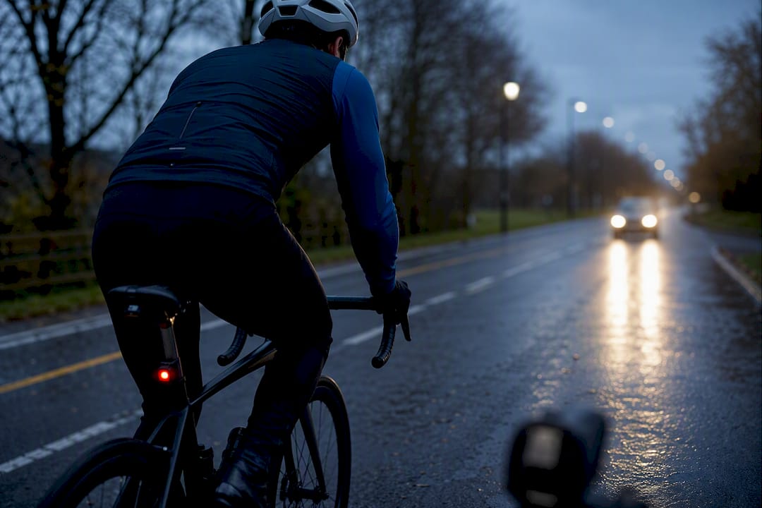Cycliste équipé d’une caméra à l’arrière sur une route détrempée