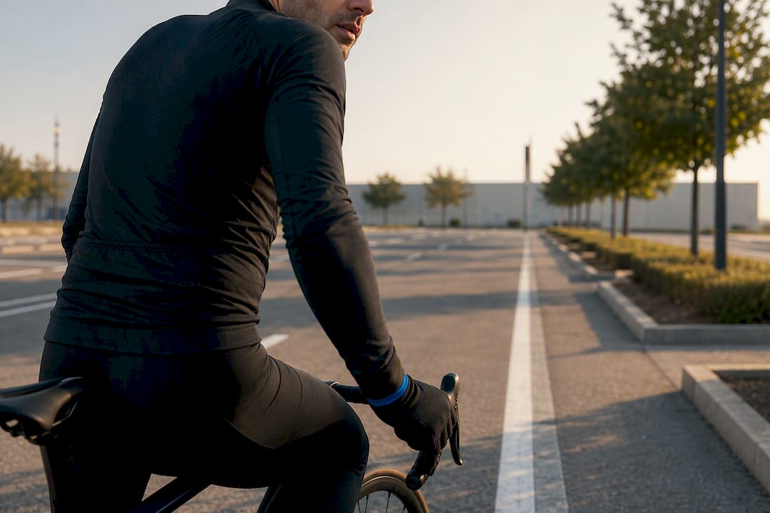 Cyclist checking behind while riding straight