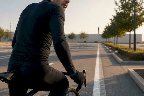 Cyclist checking behind while riding straight