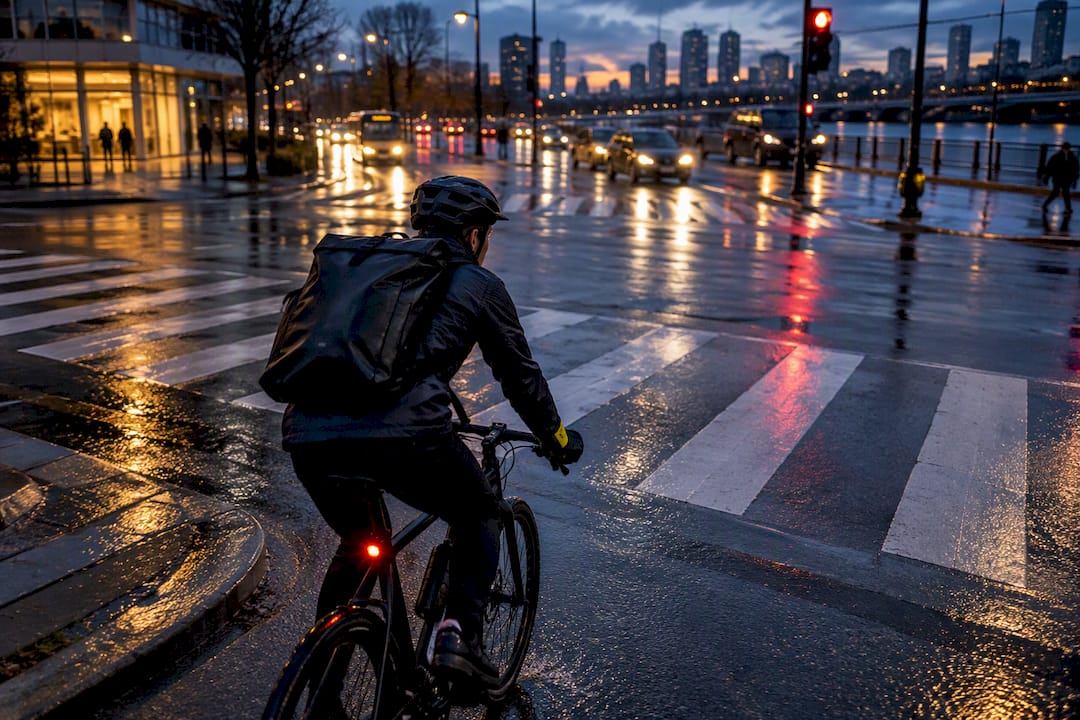 Cyclist using a rear light at city intersection