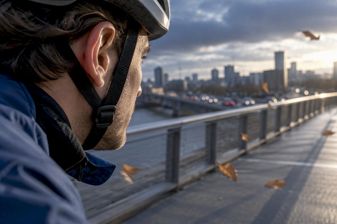 Cycliste face au vent, casque filmé en gros plan